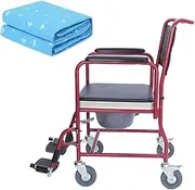 Toilet Wheelchair with Movable Footrest Commode Wheelchair Thick Padded Seat Shower Chair with Wheels Easy Assembly Storage Portable Toilet Chair (with Incontinence Bed Pad)