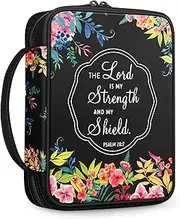 FINPAC Floral Bible Cover w/A Bookmark, Carrying Book Case Church Bag Bible Protective with Handle and Zippered Back Pocket for Girls Women Mother Kids (Black)