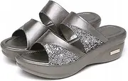 [XWCG] Summer Women's Metal Decor Feature Pattern Wedge Flip-Flops Glitter PU Platform Comfortable Sandals Arch Support Non-Slip Outdoor Beach Shoe,Silver,US4.5/EU35
