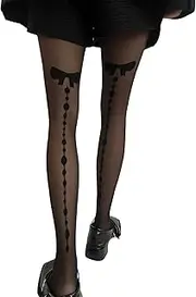 [Oxtxuzdm] Womens Elegant Heart Bows Dots Pattern Sheer Tights Vintage 90s Aesthetic See Through Black Silk Pantyhose Stockings