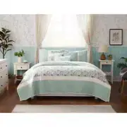 NEW! ~ COZY COTTAGE COUNTRY CHIC SOFT AQUA BLUE WHITE SAGE LEAF SHABBY QUILT SET
