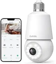 Codnida 2K Security Light Bulb Camera Outdoor/Indoor, WiFi Camera Based E27 Socket, PTZ Camera with 24/7 Recording, Sound and Light Alarm, Human Motion Detection, Color Night Vision, LC323
