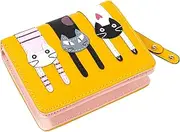 [KOTORA] Small Cute Wallet for Women Girls Short Bifold Clutch Bag Mini Cat Embroidery Zip Around Card Holder Coin Purse, Yellow, Cute