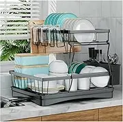 7 code Large Dish Drying Rack, 2-Tier Dish Racks for Kitchen Counter, Detachable Large Capacity Dish Drainer Organizer with Utensil Holder, Dish Drying Rack with Drain Board, Black
