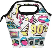 Mydaily Lunch Box 90S Retro Style Pattern Reusable Insulated School Lunch Bag for Women Kids