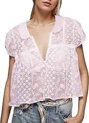 [MISSACTIVER] Women Lace Mesh Babydoll Blouse Short Sleeve See Through Button Lapel Collar V Neck Flowy Crop Tee Shirt Top