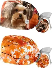 [YTYVAGT] 2-Pc,Nurse Scrub Caps,Scrub Hats with Buttons and Cotton Sweatband,Autumn Pets Cat and Dog