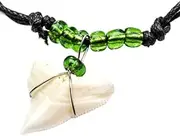 Real Bull Shark (Carcharhinus Leucas) Tooth Translucent Lime Green Glass Beaded Necklace For Sale Boys Gift Oceanicshark 063