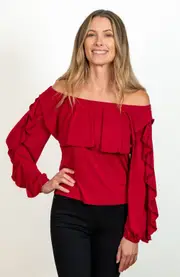 JJwinks Vixen Built-In Shelf Off-The-Shoulder Long Sleeve Ruffle Top in Crimson at Nordstrom, Size X-Small
