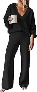 [Fixmatti] Women 2 Piece Knit Set Long Sleeve Pullover Sweater Top Wide Leg Pant Sweatsuit Outfits