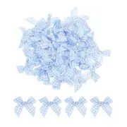 50Pcs Mini Gingham Ribbon Bow 1.5" Checkered Fabric Satin Light Blue and White