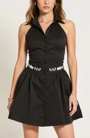 Modenaire Embroidered Waist Button-Front Halter Mini Dress with Smocked Open Back in Black at Nordstrom, Size Small