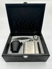 Whiskey Set - Flask, Funnel, 4 Shot Cups, Corkscrew - Black Wooden Box