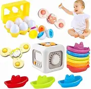 ZCOINS 5 in 1 Montessori Toy Set for Toddlers 1 2 3 Year Old Baby Busy Activity Cube Baby Bath Suction Spinner Stacking Water Boat Matching Eggs Toys for Kids Travel Birthday Chirstams Bathtime Gift