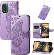 Embossed Butterfly Leather Flip Cover Phone Case Compatible with Nokia XR21 XR 21 Anti-Fall Protective Shell Magnetic Card Slot Wallet Clip Stand Holder (Lilac,Nokia XR21)