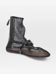 Black Fishnet Leather Trim Boots