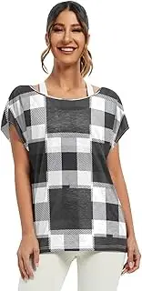[RPLIFE] Black White Checkered Plaid Stripes Batwing Top, Casual Shirt Bat Wing Tops for Women S-XXL