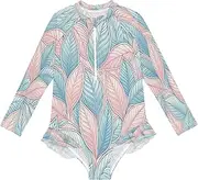 [Joitme] Blue Pink Leaf Girls' Rash Guard Swimsuit 3T