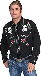 [Scully] Men's Skull Roses Embroidered Retro Western Shirt - P-771 Blk