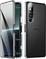 [Jarttarn] Case Compatible with Sony Xperia 1 V 5G, Magnetic Body Metal Frame Double Sided Clear Tempered Glass Cover (Silver)