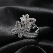 Adjustable Icy baguette double butterfly ring