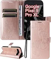 [Aitipy] Wallet Case for Google Pixel 9 Pro XL 5G, Butterfly Pattern PU Leather Folio Flip Shell with Card Holder Slots Hand Strap, Shockproof Kickstand Protective Phone Cover for Women Girls, Rose Gold