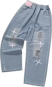 [Vhozdja] Girls' Jeans Elastic High Waist Wide Leg Baggy Denim Pants Bootcut Streetwear
