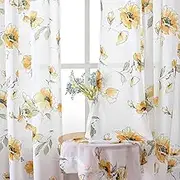 Yellow Floral Sheer Curtains 84 inches Long, Silky-Smooth Chiffon Privacy Semi Sheer Drapes Chinoiserie WildFlower Patterned Window Curtains 2 Panel Sets for Bedroom, Living Room , Yellow and White