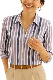 [DIVASTORY] Button Down Shirts for Women Loose Fit Striped Fall Roll up Sleeve Blouse Business Casual Work Tops, Light Purple, Medium