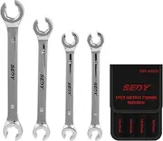 SEDY 4-Piece Flare Nut Spanner Set - Metric Wrench Spanner Chrome Vanadium Steel, 6-Point Design, Ergonomic Offset Heads, Portable Organizer Pouch Included (Metric)