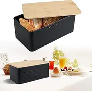 Bread Bin with Bamboo Lid for Cutting Bread Board,Metal Bread Container 13x7x5.3inch Breathable Bread Box Bread Keeper Storage Holder Multifunctional for Kitchen Bread Pastries Buns Loaf(Black)