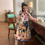 3-9歲女童洋裝 塗鴉彩色 泡泡袖洋裝  度假風方領公主裙