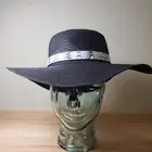 Juicy Couture Women's Floppy Sun Hat Black Woven Straw Gray Snakeprint Strap