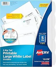 Avery Big Tab Printable Large White Label Dividers with Easy Peel, 5 Tabs, 4 Sets (14438)