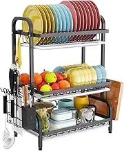 CARLA HOME Dish Drying Rack 3 Tier Large Capacity Kitchen Storage, Dish Rack with Utensil Holder, Cutting Board Holder, Drain Board Tray & Dish Drainer for Kitchen Countertop