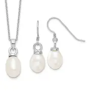 Solid Sterl Silver White Cultured Pearl Necklace Dangle Earrings Set 17"