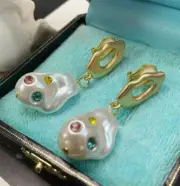 New Napier EZCOMFORT CLIP ON Baroque Pearl Multi Color Crystal Drop Earrings