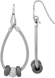 [JewelryWeb] 925 Sterling Silver Ruthenium plating Sparkle Cut Three Beaded Mesh Shepherd Hook Earrings 63x23mm Wide Dangle Earring for Women