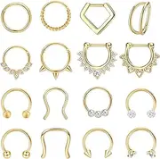[Besteel] Hypoallergenic Septum Rings 16G 8mm Surgical Steel Clicker Nose Rings Hoops Set Small Lip Cartilage Helix Daith Piercing Jewelry for Women Men 16 Pcs Gold Silver Black
