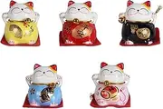 Mini Maneki Neko Lucky Cat Figurines Set of 5 Kawaii Japanese Smiley Waving Upright Cat with Lucky Fortune Home Decor