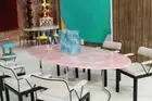 Oval Shape Pink Quartz Dining & Coffee Table Modern Arts Table Cafeteria Decors