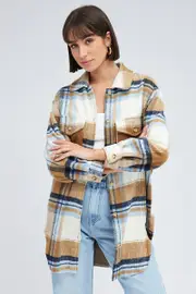 Brown Check Long Checked Print Jacket Long Sleeves - Size 6, Women's Shirt