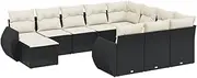 vidaXL 11-Piece Modular Garden Lounge Sofa Set - Black Poly Rattan Outdoor Patio Seating with Cushions, Storage, and Acacia Table