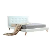 White Leather Queen Bed Frame and Headboard with Button Detail