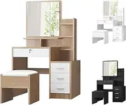 ALFORDSON Dressing Table Stool Set Makeup Vanity Desk with Mirror, Chair, Mutiple Shelves and Storage Cabinet, Vanity Dresser Organiser for Women Bedroom Dressing Room, Wood White