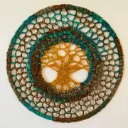Crochet Tree of Life Mandala Wall Hanging 14" Handmade Teal Green and Brown