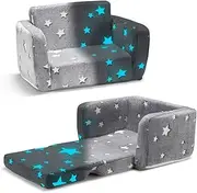 Playpals Kids Sofa Couch 2-in-1 Kids Flip Out Sofa, Convertible Sofa Bed to Lounger with Cute Star Designs, Glow in The Dark, Removable Washable Cover, Kids Couch for Kids Girls Boys, Grey