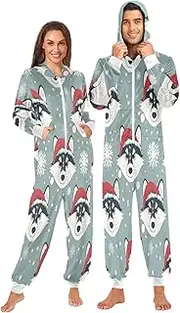 [ZZXXB] Husky with Xmas Hat Onesie Pajamas for Adult Women Men Long Sleeves One Piece Onesies Hooded Sleepwear S - XL