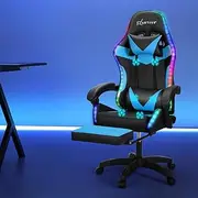 Artiss Massage Gaming Chair, PU Leather 6 Point 7 LED Ergonomic Office Computer Desk Recliner Chairs Armchair for Room Executive Home, with Retracted Footrest 360° Rotatable Height Adjustment Cyan