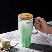 [Bandesun] 32oz Vintage Glass Cup with Handle with Bamboo Lids and Straws - Borosilicate Glass Tumbler for Hot and Cold drinks
